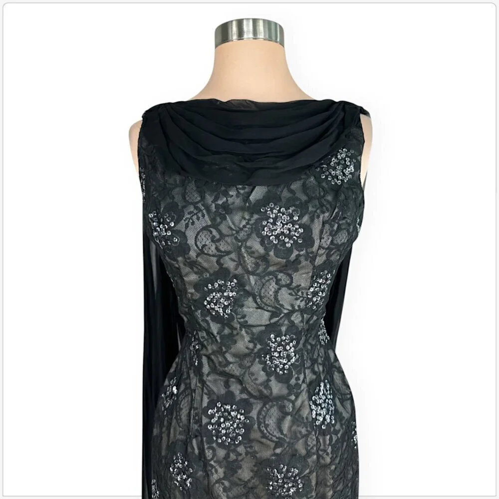Vintage Black Lace Sequin Floral Draped Scarf Wiggle Sheath Dress Retro 36
